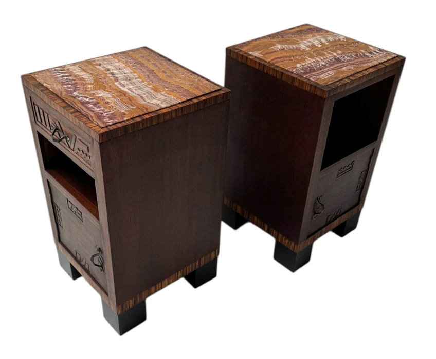 Two Art Deco Nightstands or Bedside Tables with Multi-Colored Marble Tops, 1930s